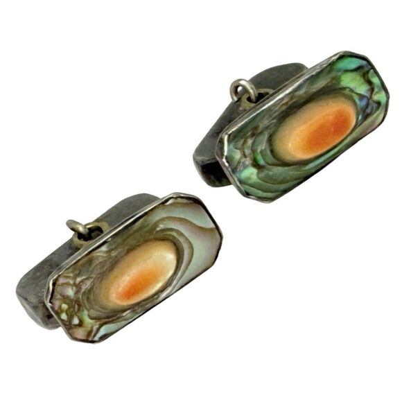Antique 925 Sterling Silver Men's Cufflinks Abalone Mother Of Pearl Rectangle - Picture 8 of 16